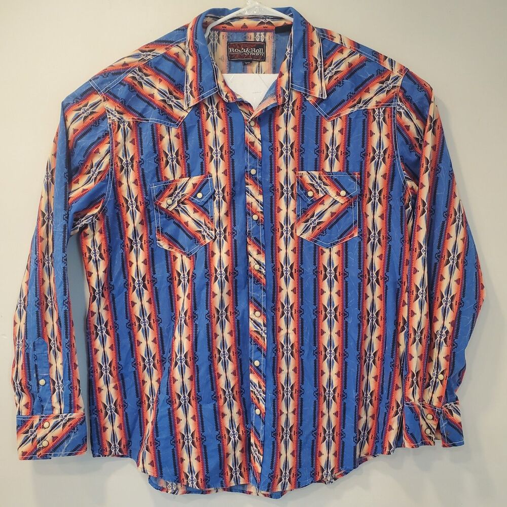 Rock And Roll Denim Shirt Mens Pearl Snap Aztec Design Western Size XXL